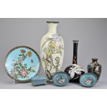 A group of Japanese cloisonné items to include three vases, a single dish, a pair of rounded