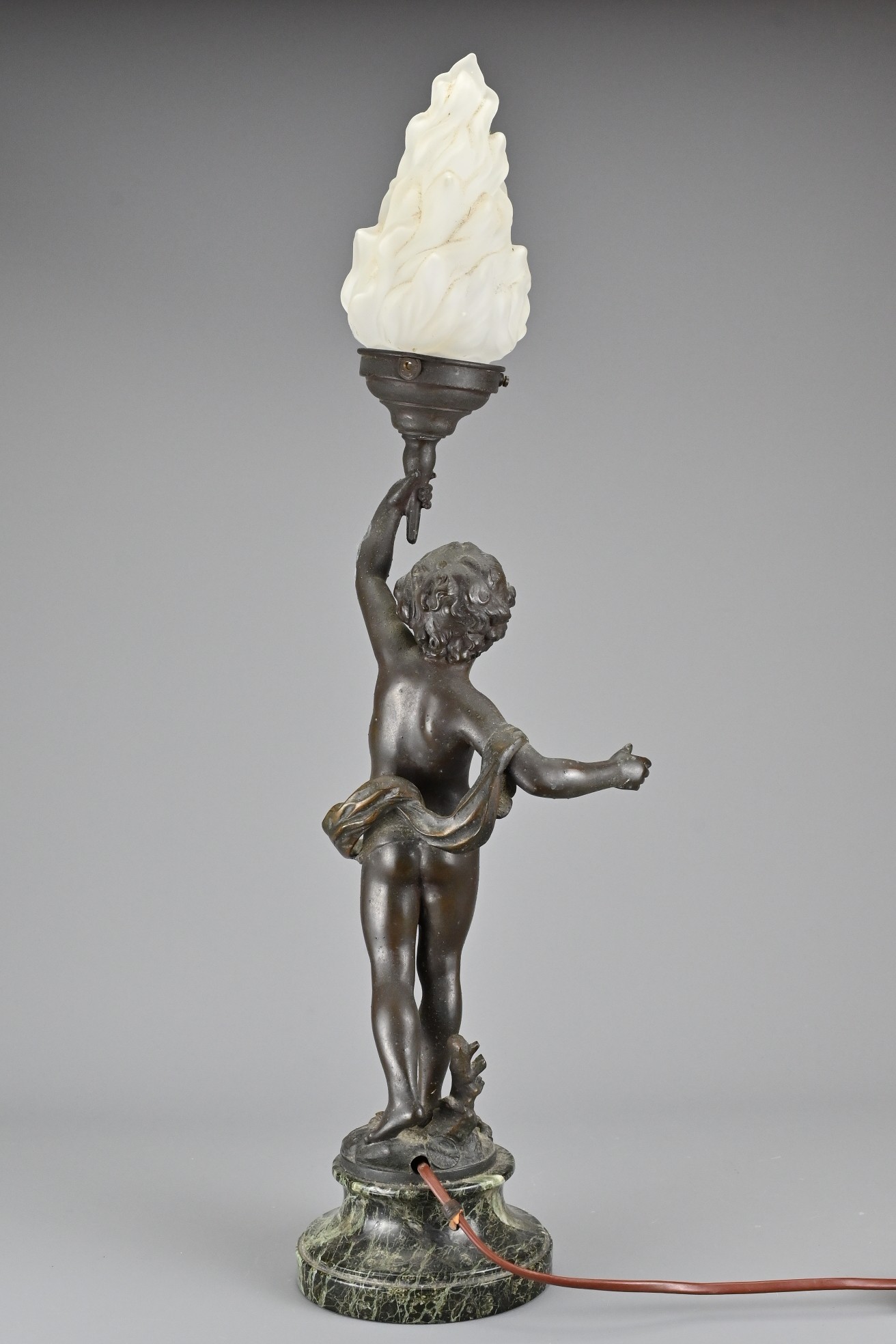 A 19th Century French Painted Spelter Table Lamp (after Auguste Moreau), depicting putti carrying - Image 3 of 9