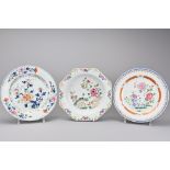 Three Chinese 18th Century porcelain dishes. 22-23cm diam. (3) Hairlines and fritting to note.