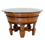 A Chinese wooden wash basin with metal bands and glass top. Standing on five legs with a stretcher