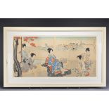 Japanese woodblock print. Triptych by Chikanobu Toyohara (1838-1912) depicting court lady. Published