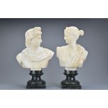Two Classical Style Marble Busts Of Man And Woman on marble plinths, height approx. 30 cm each (2) A