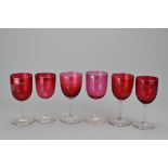 Six White Star Line glasses with red cup and clear stems, with engraved White Star Line flag logo,