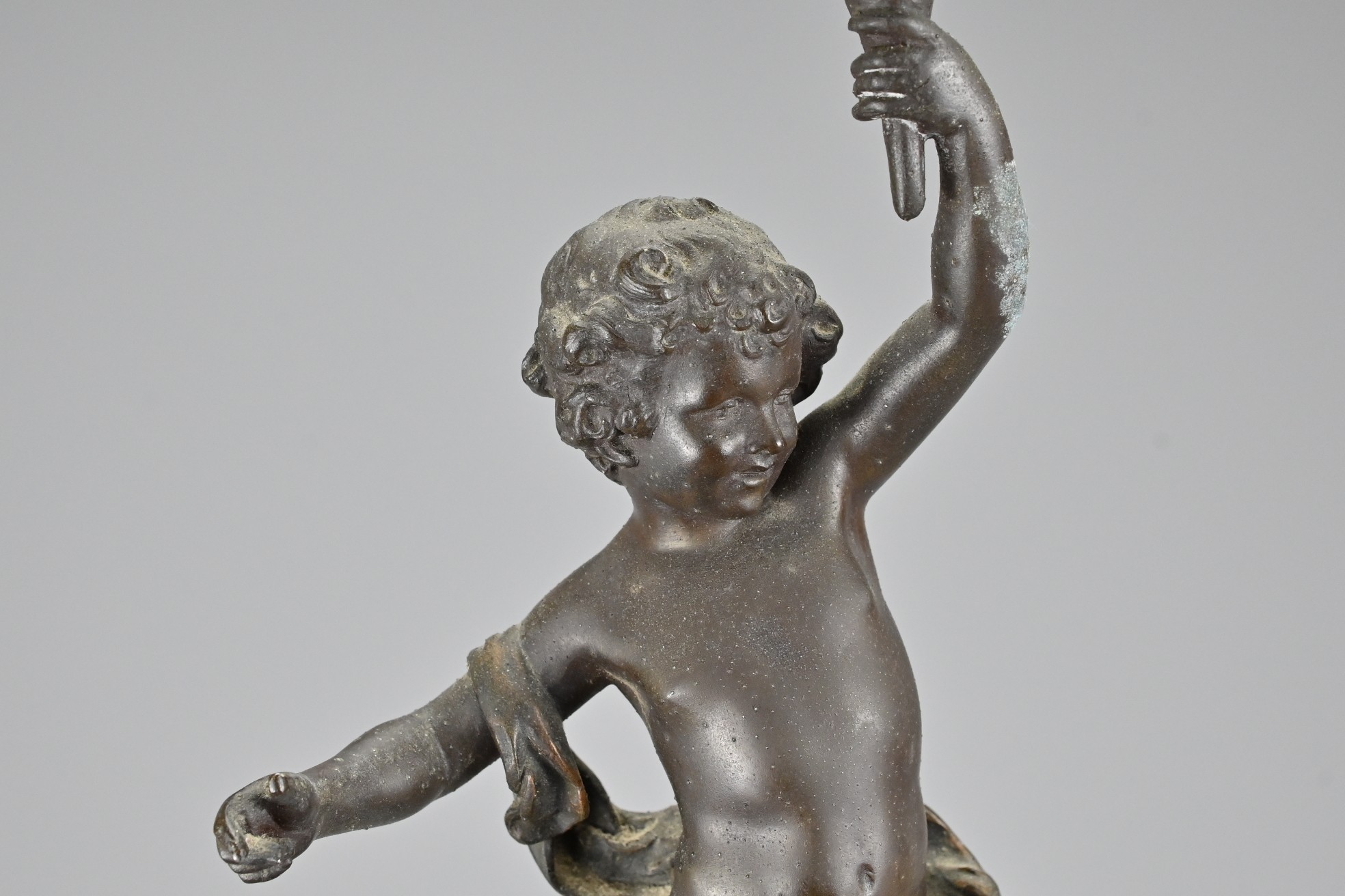 A 19th Century French Painted Spelter Table Lamp (after Auguste Moreau), depicting putti carrying - Image 6 of 9