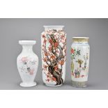 Three Chinese porcelain vases. To include a 19th Century famille rose porcelain sleeve vase