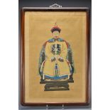 A Chinese ancestral portrait on silk of man dressed in Mandarin robe with phoenix military rank