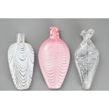 Three Bristol Nailsea Glass Flasks, 19th Century, one decorated with pink and white trailing, one
