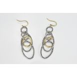 DAVID YURMAN sterling silver and 18k gold drop earrings. Marked to each gold band 'D.Y 925 750'.
