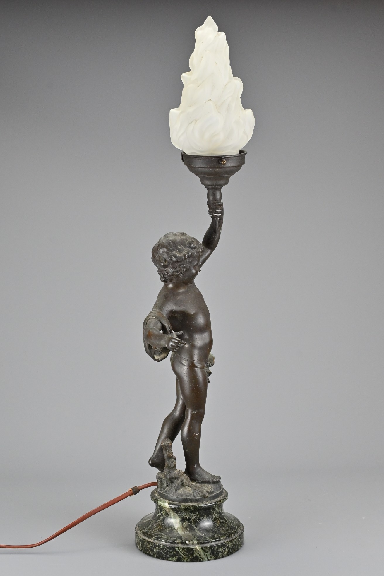 A 19th Century French Painted Spelter Table Lamp (after Auguste Moreau), depicting putti carrying - Image 4 of 9