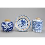 Three Chinese porcelain items to include a blue and white hexagonal tea caddy, a sealed ginger jar