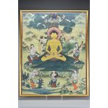 A Thangka painted on silk depicting Buddha seated beneath a tree with birds and monkeys surrounded