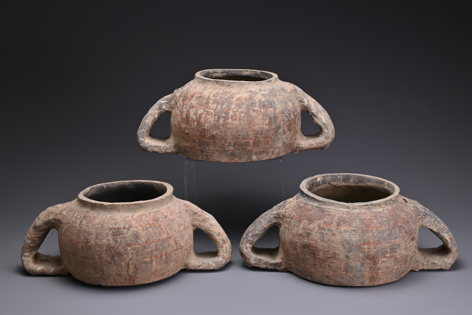 THREE RARE CHINESE PAINTED POTTERY STACKING POTS, WARRING SATES PERIOD (476?221BC). Each with - Image 2 of 8