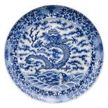 A CHINESE BLUE AND WHITE PORCELAIN DISH, MID 19TH CENTURY. Decorated with a front facing four-clawed