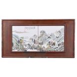 CHINESE FRAMED PORCELAIN TILES, 19/20TH CENTURY. Two tiles depicting one scene of figures crossing
