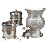 GROUP OF WHITE METAL ASIAN ITEMS. To include a Chinese rickshaw, a pair of Shanghai Tang silver