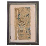 A CHINESE FRAMED SILK TEXTILE. Depicting a vase on stand with floral bouquet and bird. Mounted in an