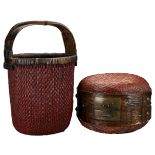 CHINESE WOVEN WILLOW BASKET AND CONTAINER, 19/20TH CENTURY. To include a red painted basket with