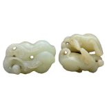 TWO CHINESE PALE CELADON JADE CARVINGS. To include a double gourd group and carving of two