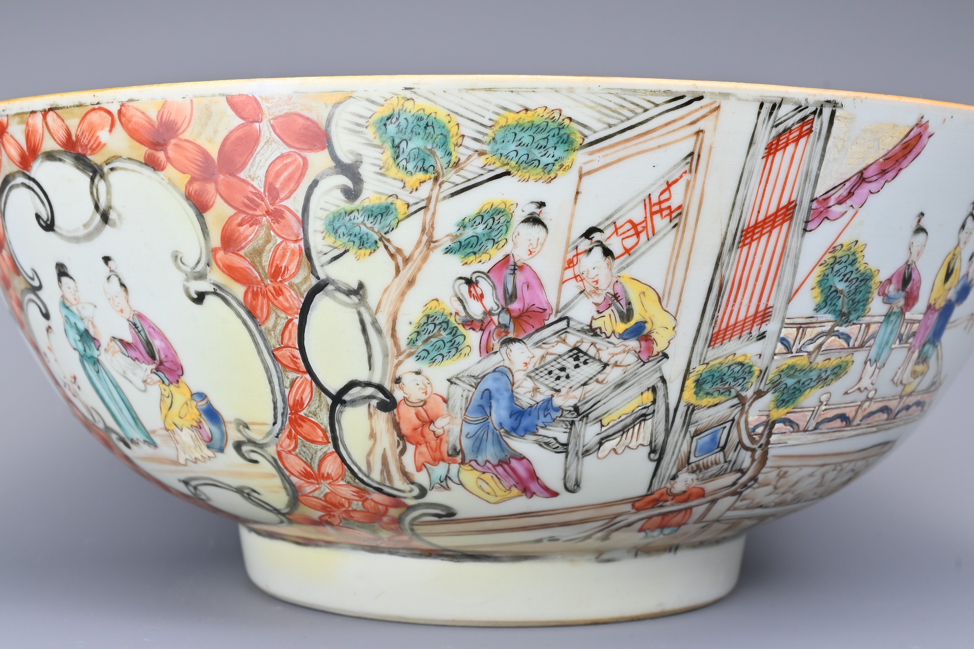 A CHINESE FAMILLE ROSE PORCELAIN PUNCH BOWL , 18TH CENTURY. Decorated to the exterior with various - Image 8 of 8