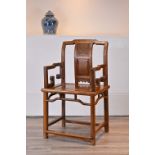 A CHINESE HARDWOOD ARMCHAIR, 19/20TH CENTURY. Of square form with open work frieze and carved back