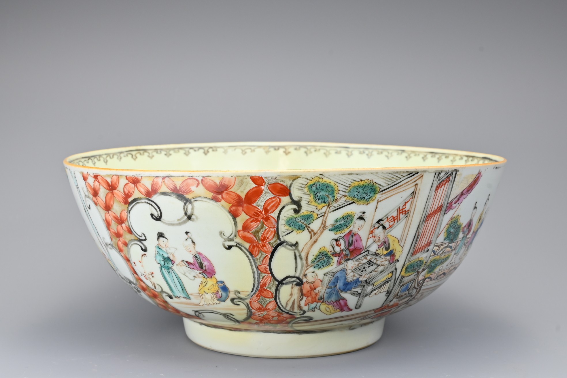 A CHINESE FAMILLE ROSE PORCELAIN PUNCH BOWL , 18TH CENTURY. Decorated to the exterior with various - Image 2 of 8