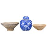 THREE CERAMIC ITEMS. To include a Chinese 19/20th century blue and white porcelain prunus jar and