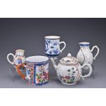 GROUP OF FIVE CHINESE PORCELAIN ITEMS, 18TH CENTURY. To include a teapot, two tankards and two cream