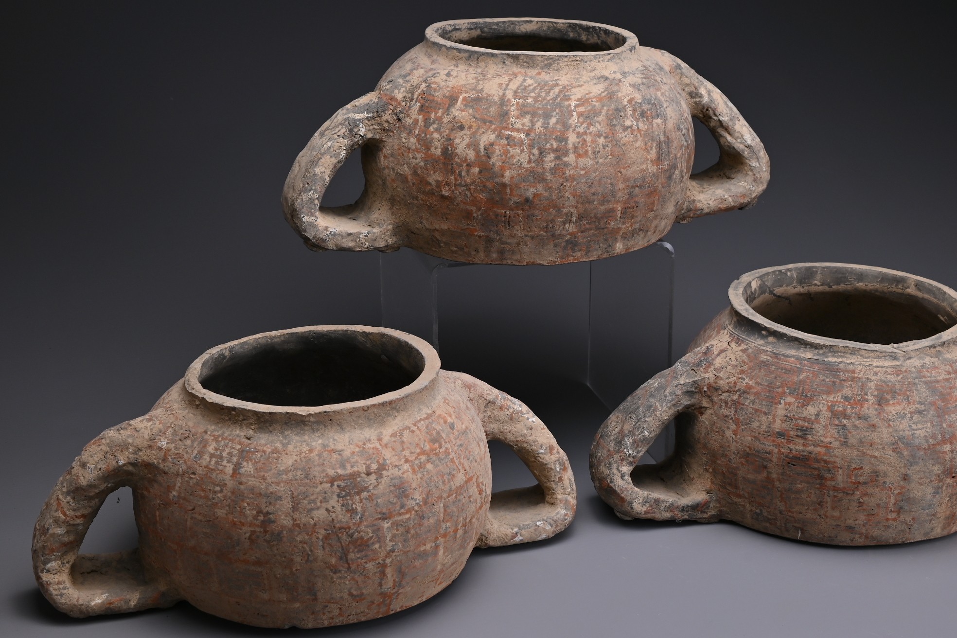 THREE RARE CHINESE PAINTED POTTERY STACKING POTS, WARRING SATES PERIOD (476?221BC). Each with - Image 3 of 8