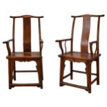 PAIR OF CHINESE YOKE-BACK ARMCHAIRS, 19TH CENTURY. Of traditional form with carved crest rail and