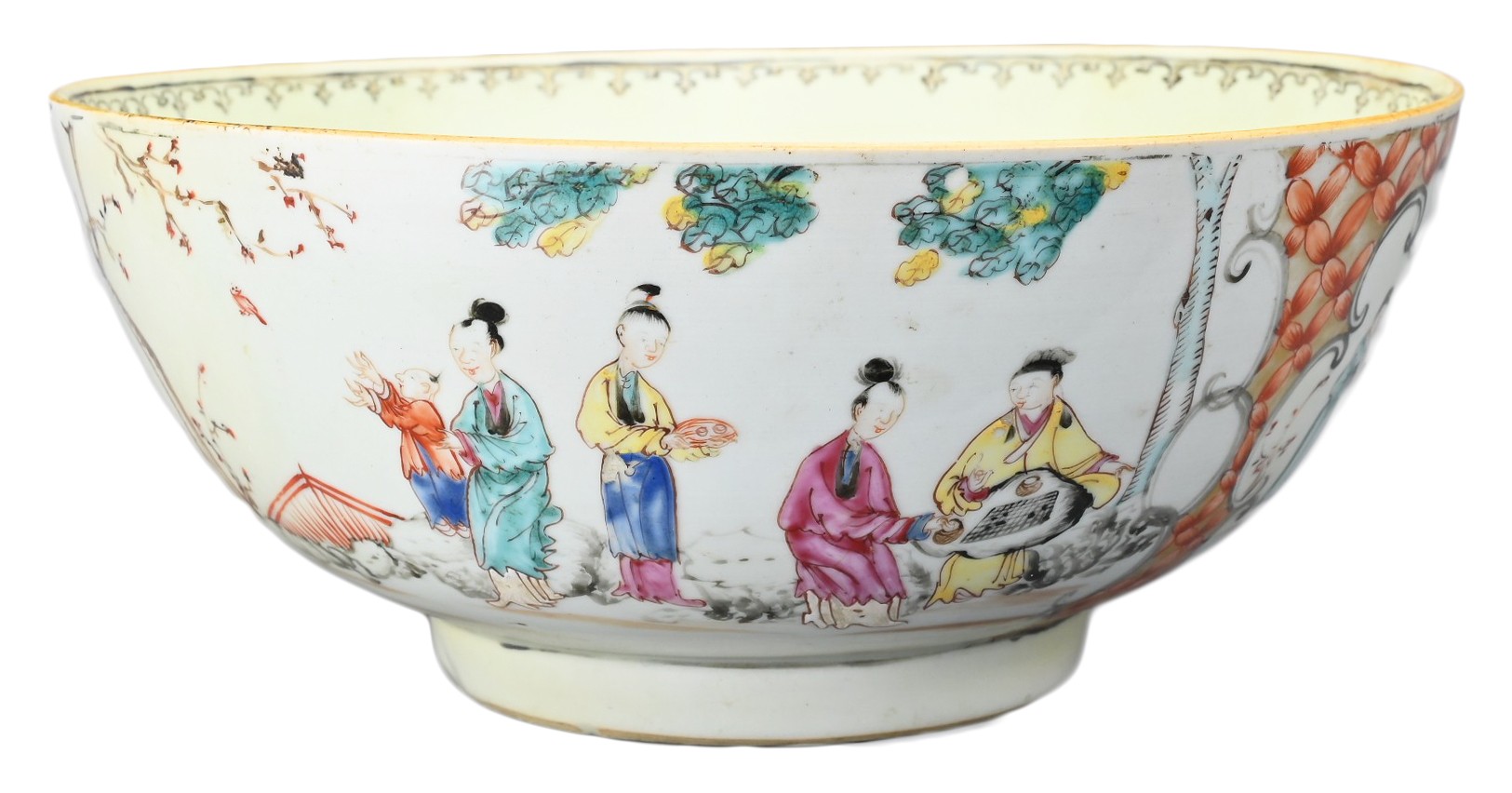 A CHINESE FAMILLE ROSE PORCELAIN PUNCH BOWL , 18TH CENTURY. Decorated to the exterior with various