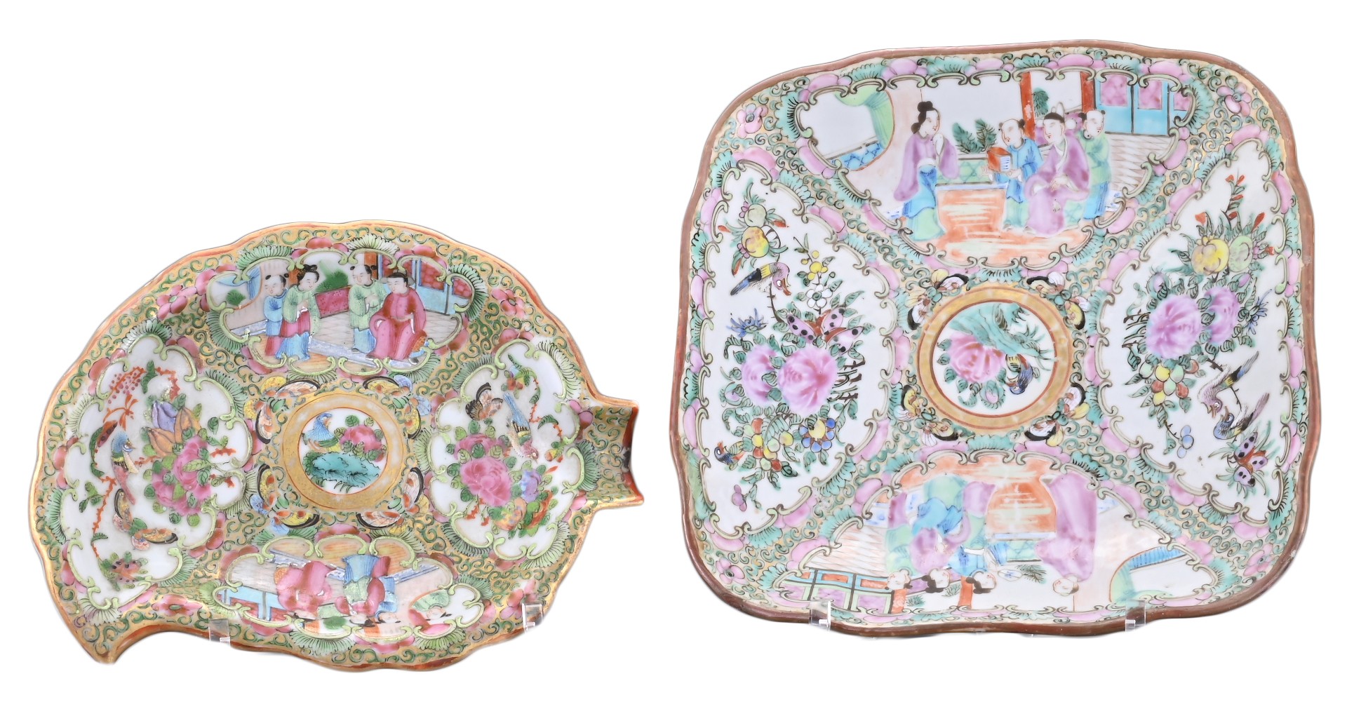 TWO CHINESE CANTON PORCELAIN DISHES, 19TH CENTURY. To include a square form dish decorated with