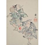 JAPANESE 19TH CENTURY SHIJO WATER COLOUR. Two posing actors / entertainers. Signed and sealed. Ko (