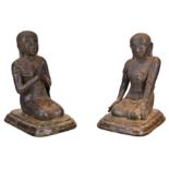 LARGE PAIR OF BURMESE CAST BRONZE KNEELING MONKS, 19TH CENTURY. One with hands in anjali mudra,