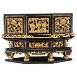 A CHINESE LACQUERED AND GILT OFFERING BOX, 19/20TH CENTURY. The alter box and cover with carved