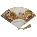 AN IVORY AND GOUACHE-PAINTED PAPER FAN, 18/19TH CENTURY