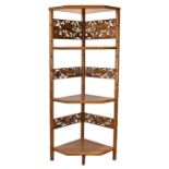 A CHINESE HARDWOOD WHATNOT, 20TH CENTURY. Corner shelving stand consisting of four shelves with