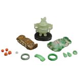 GROUP OF CHINESE JADE / STONE ITEMS. To include a carved jade monkey and peach pendant, an archaic