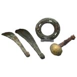 A GROUP OF FOUR CHINESE BRONZE ITEMS, WARRING STATES / HAN DYNASTY OR LATER. To include two bronze