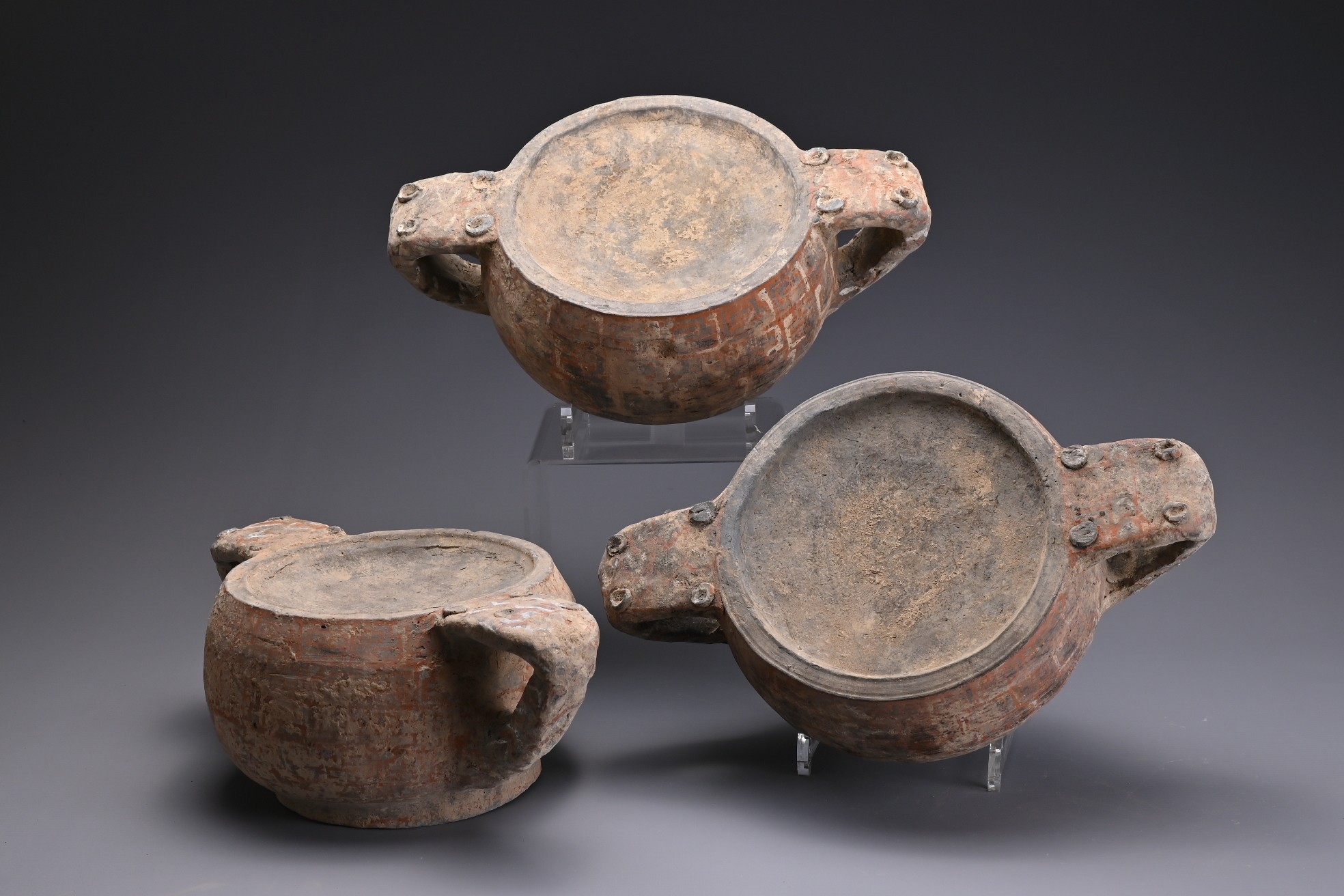 THREE RARE CHINESE PAINTED POTTERY STACKING POTS, WARRING SATES PERIOD (476?221BC). Each with - Image 7 of 8