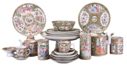 A GROUP OF CHINESE CANTON FAMILLE ROSE PORCELAIN, 19TH CENTURY. To include a large tazza, two tea