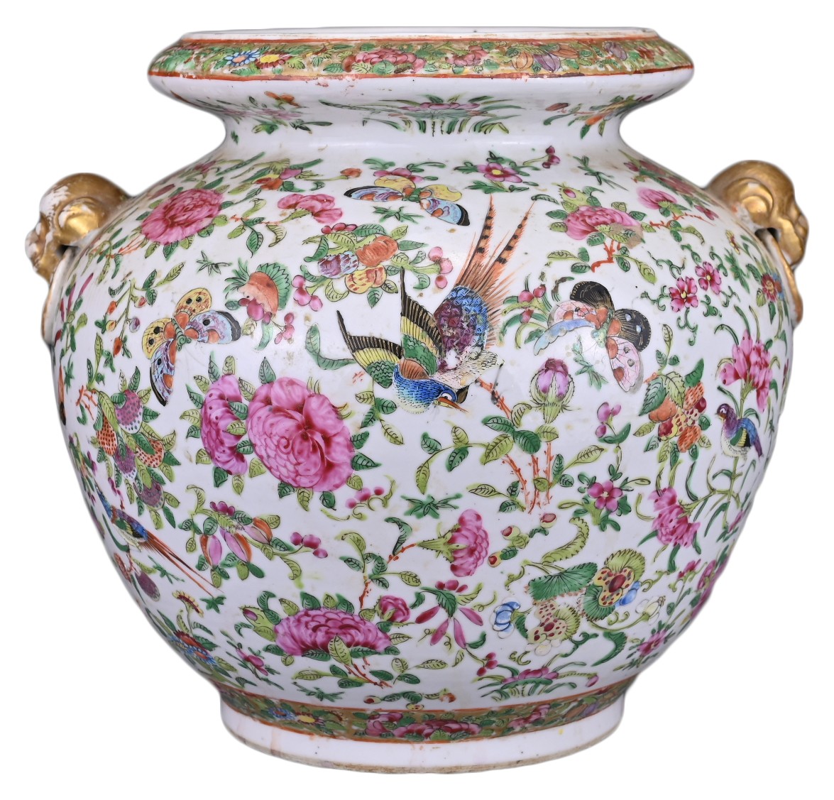 A CHINESE FAMILLE ROSE PORCELAIN JAR, MID 19TH CENTURY. The globular jar with gilt lion mask handles