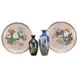 GROUP OF FOUR JAPANESE CLOISONNÉ ITEMS. To include a pair of dishes decorated with quails and floral