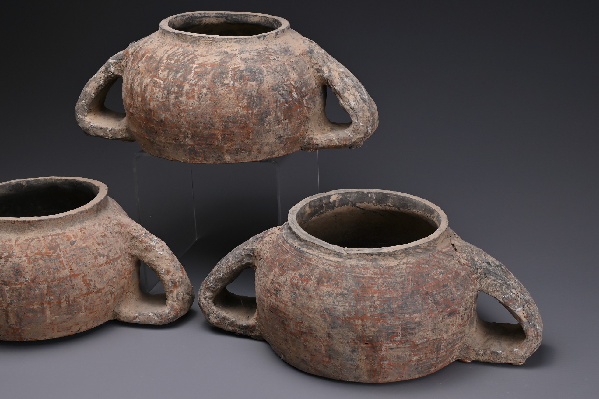 THREE RARE CHINESE PAINTED POTTERY STACKING POTS, WARRING SATES PERIOD (476?221BC). Each with - Image 4 of 8