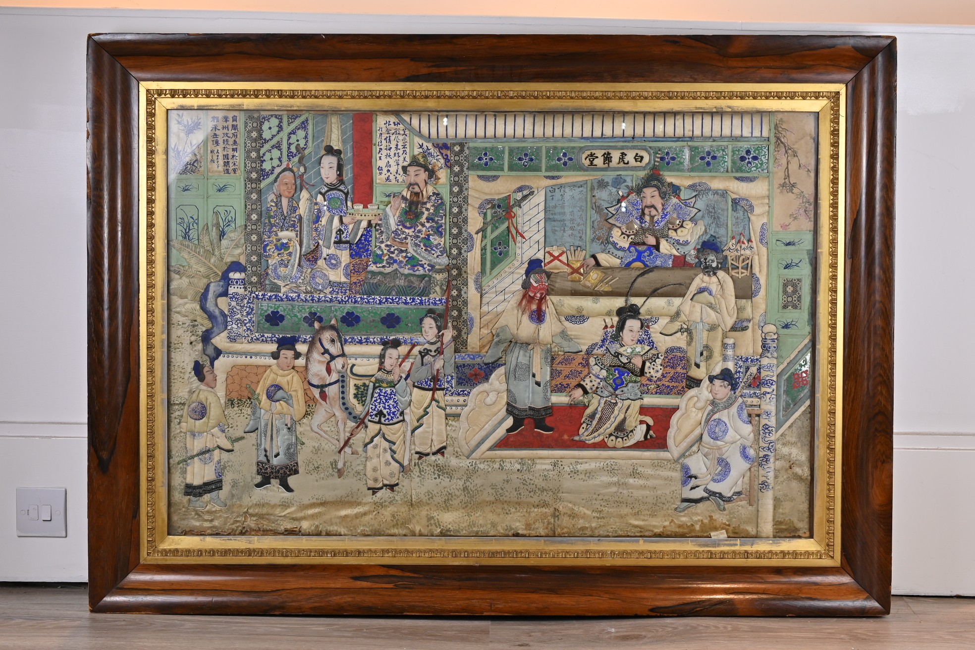 A PAIR OF LARGE AND IMPRESSIVE CHINESE PAINTED APPLIQUÉ SCENES, QING DYNASTY. The first a scene of - Image 2 of 10