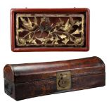 A CHINESE LACQUERED LEATHER BOX AND GILT WOOD CARVING, 19/20TH CENTURY. The box decorated to the