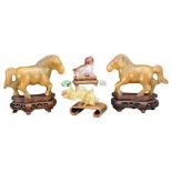 GROUP OF CHINESE JADE AND AGATE CARVINGS, EARLY 20TH CENTURY. To include a pair of horses on pierced