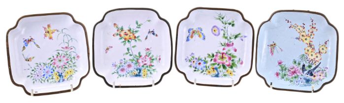 FOUR CHINESE CANTON ENAMEL DISHES, 19/20TH CENTURY. Each of square form decorated with scenes of