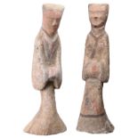 PAIR OF CHINESE PAINTED POTTERY ATTENDANTS - ONE WITH INSCRIPTION, HAN DYNASTY (206BC-220AD). The