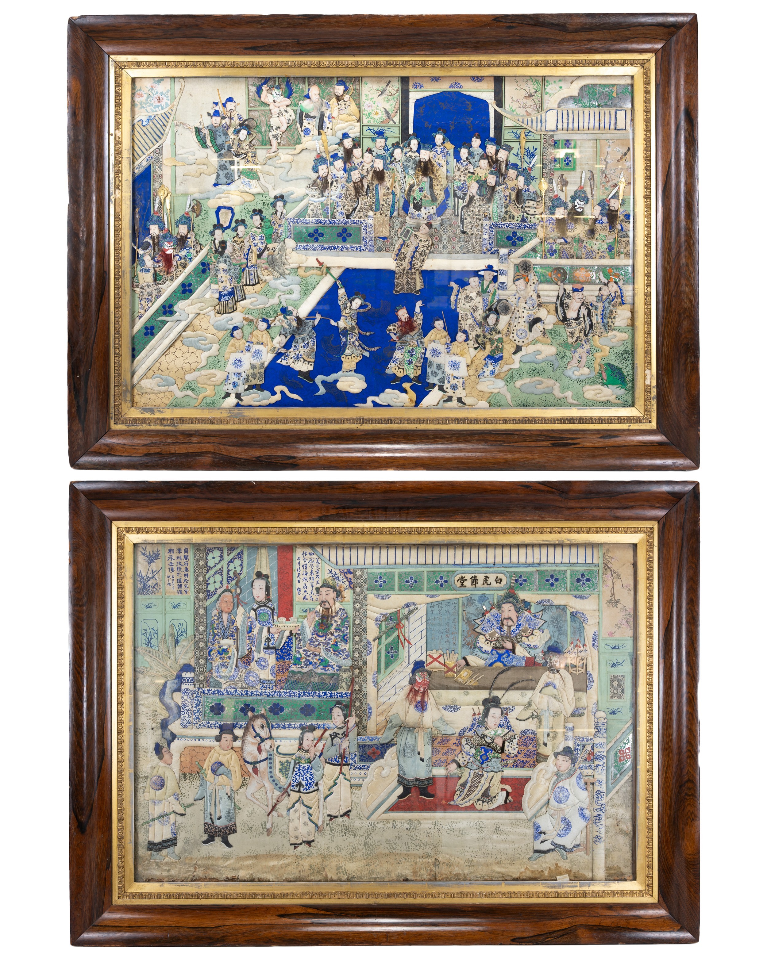 A PAIR OF LARGE AND IMPRESSIVE CHINESE PAINTED APPLIQUÉ SCENES, QING DYNASTY. The first a scene of