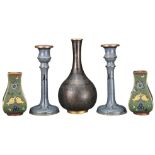 FIVE CHINESE CLOISONNÉ ITEMS. To include a pair of candlesticks, a pair of vases with 'Da Ming' to
